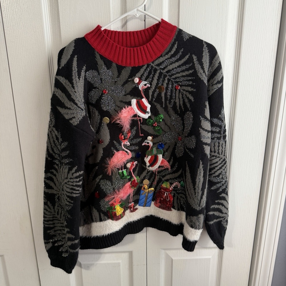 33 Degrees Flamingo Ugly Christmas Sweater Women's Size Medium Festive Office
